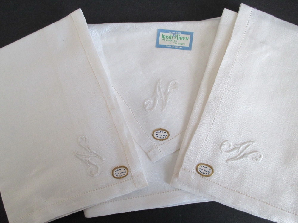 3 Mens Handkerchiefs Monogram N Initial Irish Linen New with