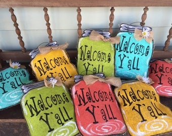 Small Burlap Mason Jar Door Hanger in Coral, Yellow, Green and Blue AND RED... Welcome y'all