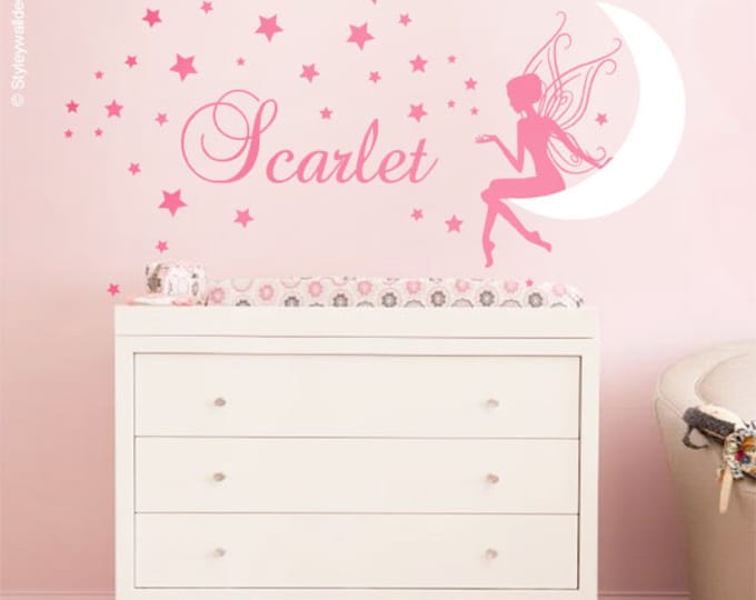 Fairy Wall Decal, Fairy Moon and Stars Wall Decal, Fairy Wall Sticker with Moon and Stars, Fairy Sticker for Girls Room Baby Nursery