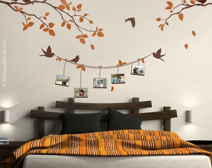 Photo Frames and Branch Wall Decal, Branch with Birds Picture Photo Frames Wall Decal, Photo Frames Wall Decal Nature Sticker Home Decor