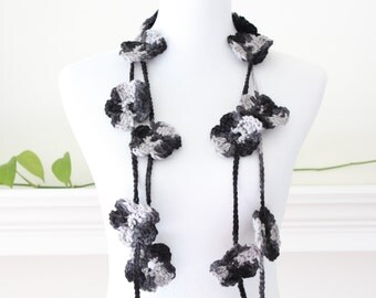 Crochet Long Black, Gray Lariat, Necklace, Scarf, Scarflette