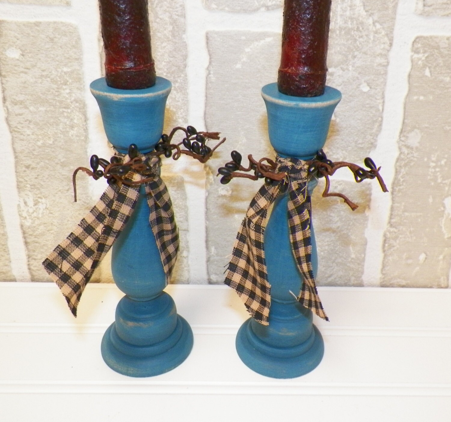 TURQUOISE Primitive Country Wood Painted Rustic Candle Holders