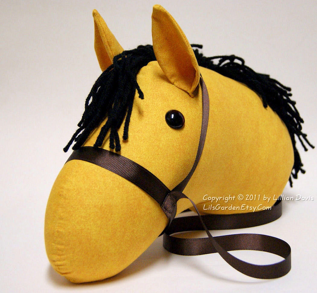 Buckskin Stick Horse Head with Black Mane Brown Bridle MADE