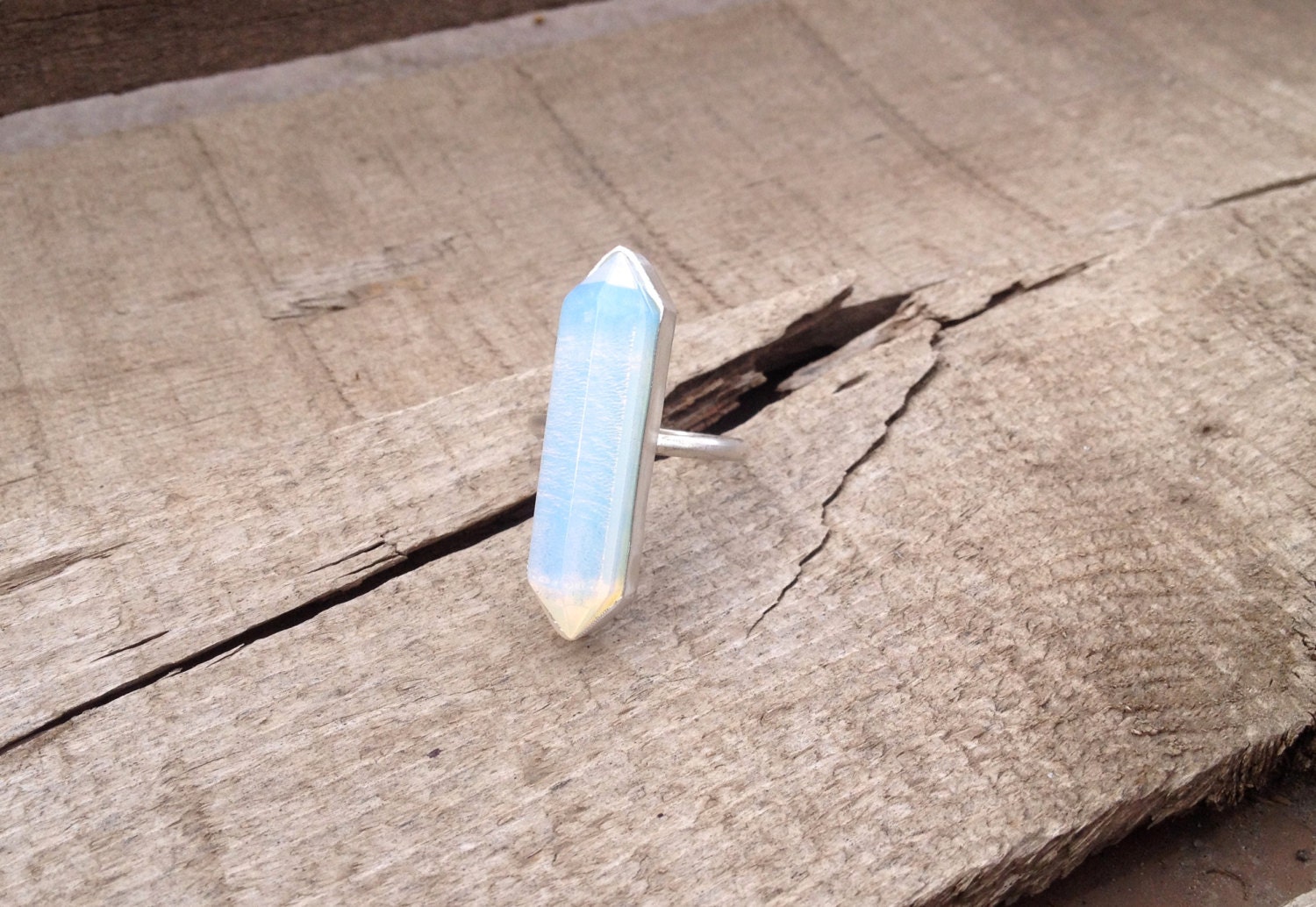 Rocker Hexagon Light Blue Opal Opalite Wand Double Terminated Point Ring in Sterling Silver