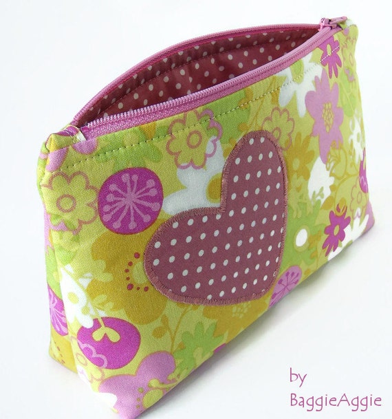 'Pink Heart' Floral Make Up Bag with Applique