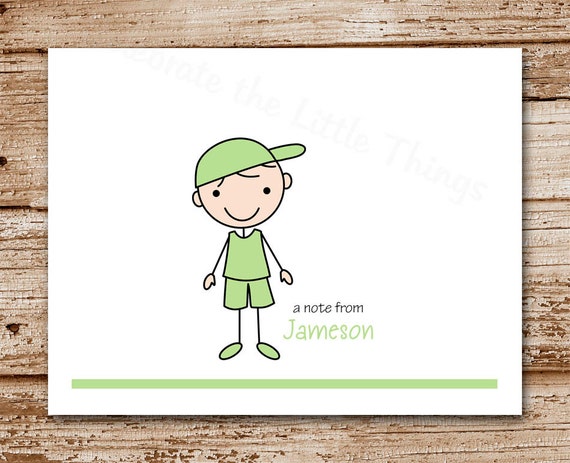 Set of 8 Stick Boys Note Cards - Personalized Stationery - Stick Figures, Little Boy - Folded Notecards Il_570xn
