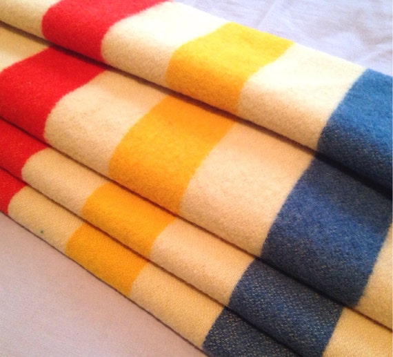 Vintage 40s Orrlaskan Blanket Red Blue and Yellow Stripe