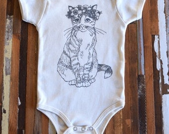 Organic Cotton Onesie - Screen Printed American Apparel Baby Onesie - Bodysuit - Baby One Piece - Cat - Kitty - Floral (You pick size)