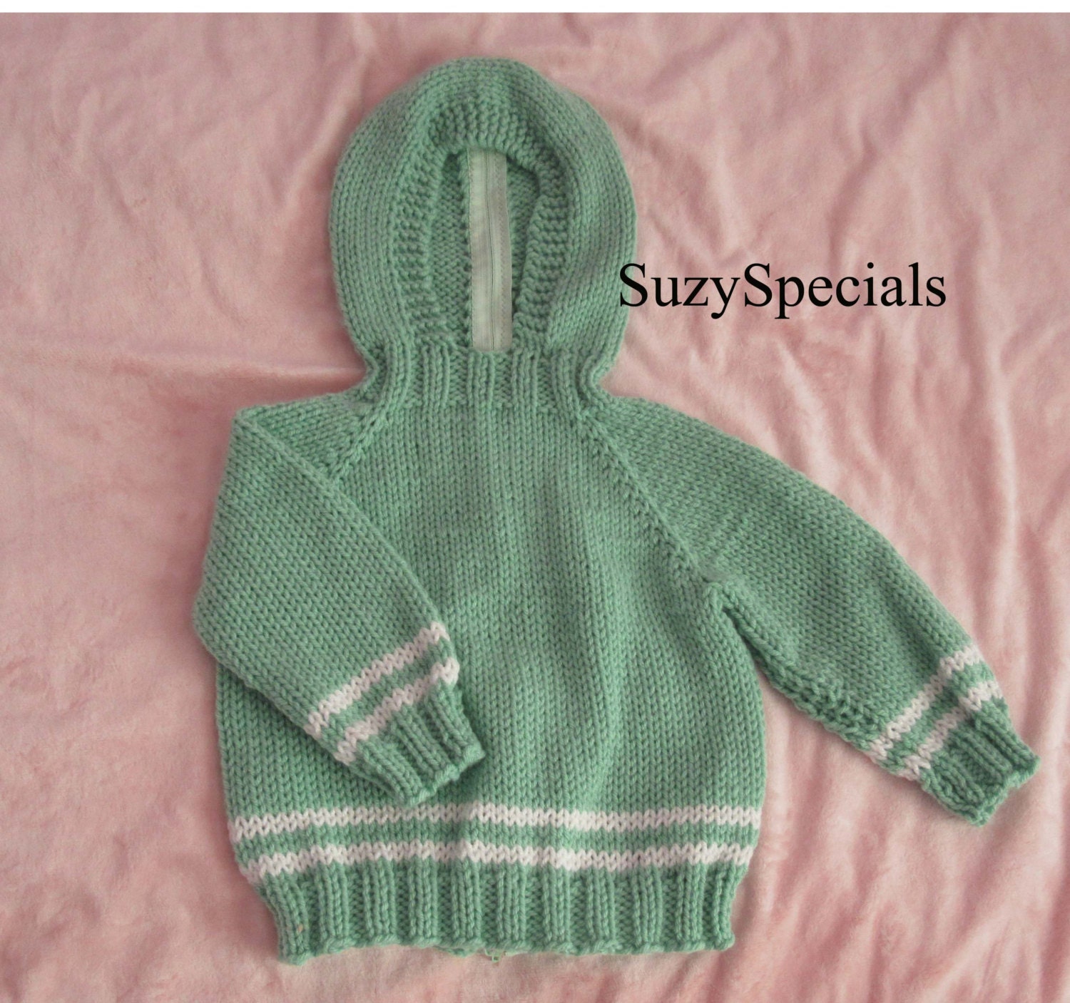 Hooded Knitted Baby Sweater in with back zipper in pale green