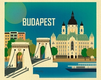 Budapest Skyline Art Print, Chain Bridge, Hungary Travel Poster, Gift, Budapest horizontal wall art, Budapest gift, Loose Petals - E8-O-BUD