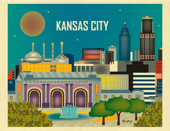 Kansas City Skyline Art Print, Kansas City Wall Art, Kansas Missouri Horizontal, Kansas City Art Print Gift, Loose Petals style E8-O-KAN