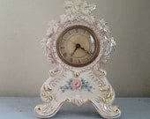 Pink and Gold China Clock / 1930's Porcelain Clock / Vintage Mantel Clock / Pink Rose / Gold Leaf / Pretty Mantel Clock / kisvteam Pink and Gold China Clock / 1930's Porcelain Clock / Vintage Mantel Clock / Pink Rose / Gold Leaf / Pretty Mantel Clock / kisvteam
