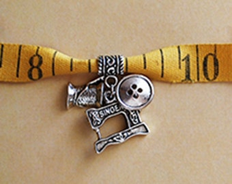 Vintage Measuring Tape Bracelet with Silver Sewing Charms
