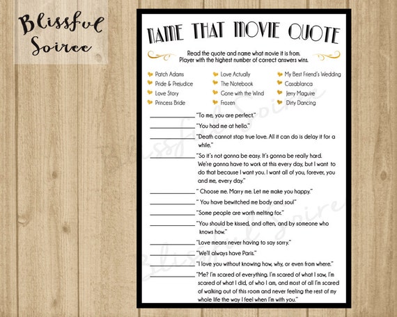 Bridal Shower Game \/ Name that Movie Love Quote \/ Romantic