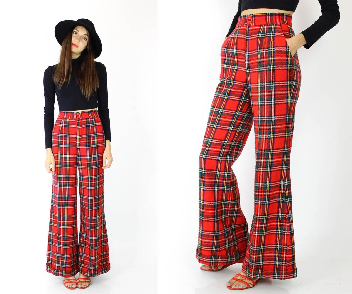 70s Plaid Bell Bottom Pants S Vintage Wide Leg Tartan Pants