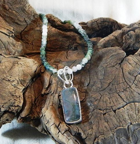 Green moss agate necklace 24 long oblong pendant tree