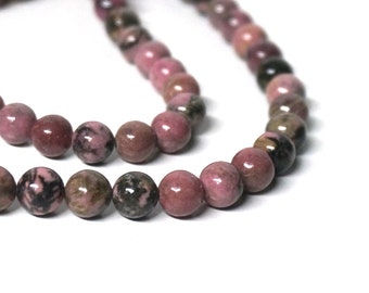 Rhodonite with matrix gemstone beads, 8mm round, natural pink, full & half strands available (1109S)