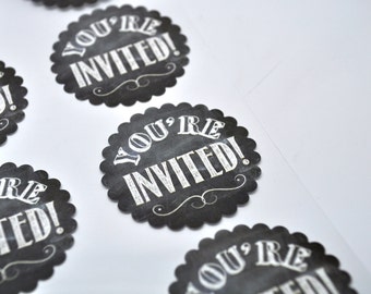 YOU'RE INVITED Label - Qty 8 - Chalkboard - Sticker - Label - Shabby Chic - Chalkboard wedding - Invitation Seal