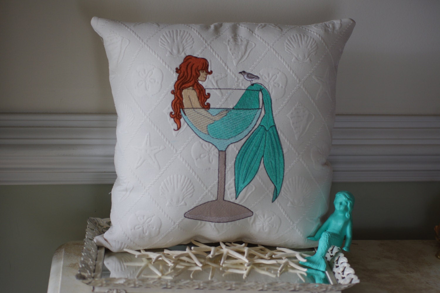 Embroidered Mermaid Pillow Beach Decor by ByTheSeashoreDecor