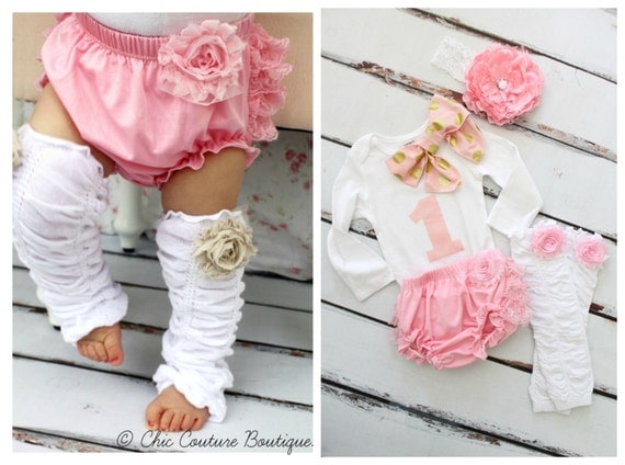 Baby Girl 1st Birthday Outfit Cake Smash Set up to 4 Items ONE & Bow Bodysuit, Lace Bloomers Diaper Cover, Leg Warmers, Peony Lace Headband by ChicCoutureBoutique