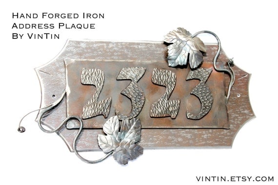 Hand Forged Iron 12-14" Wide Address Plaque with Grape Vine and Leaf Accents by VinTin (Item# W-812)