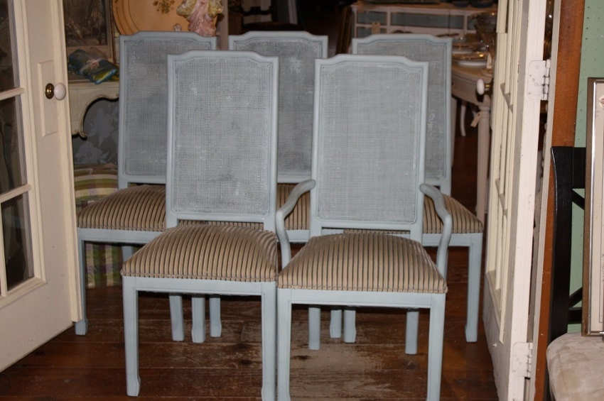5 Painted Blue Dining Room Chairs Blue Tan Striped Upholstery Rattan