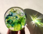 Turuoise & Lime Green Glass Paperweight, One of a Kind, Swedish Handmade Glass by Marianne Degener