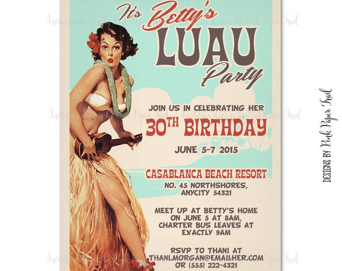 Retro Weekend Getaway, Hawaiian, Luau, Beach Party Invitation, I will customize for you, Print your own