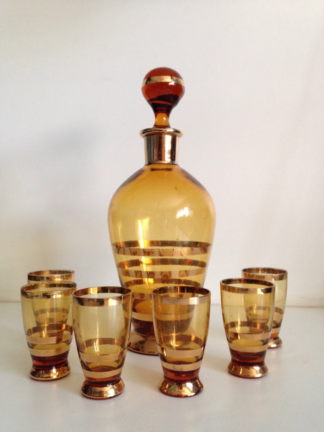 Vintage Amber Decanter with Shot Glasses by 4EnvisioningVintage