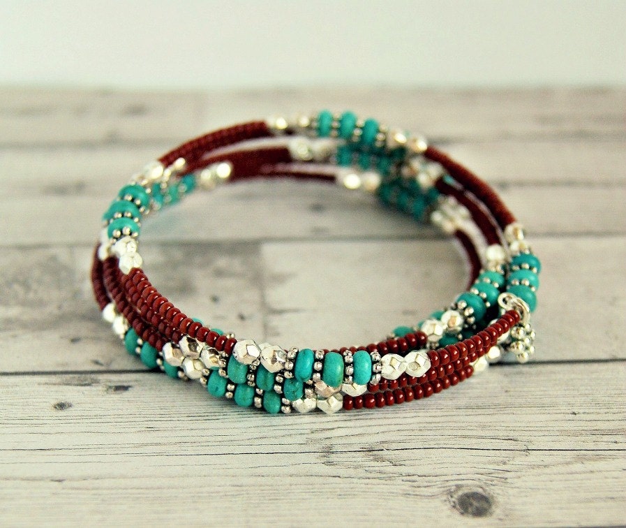 Turquoise Beaded Bracelet Memory Wire Boho Bracelet