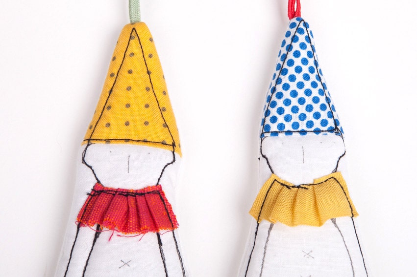 Christmas Fabric Ornament - Set of 2 holiday dwarf /clown in pointy hat ,Dressed in shades of Red Yellow Blue . handmade ornament