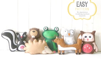 Stuffed Animal Patterns, Felt Animal Patterns, Woodland Animals, Plush Skunk Beaver Frog Owl Hedgehog Fox, Hand Sewing