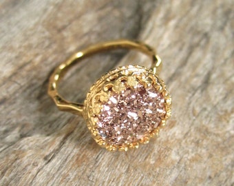 Rose Gold Druzy Ring, Titanium Drusy Quartz Ring, 18K Gold Vermeil Crown Setting