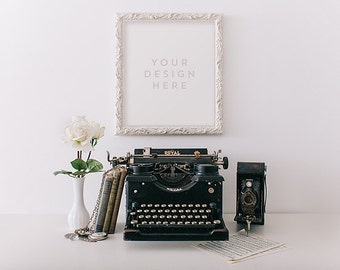 White Ornate Frame with Flowers & Vintage Typewriter, Stock Photography, Product / Frame Mockup Frame Mock up, Wall Art Display Template
