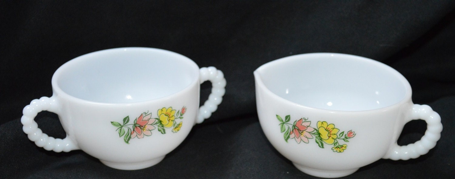 Floral Milk Glass Sugar and Creamer Set Haute Juice