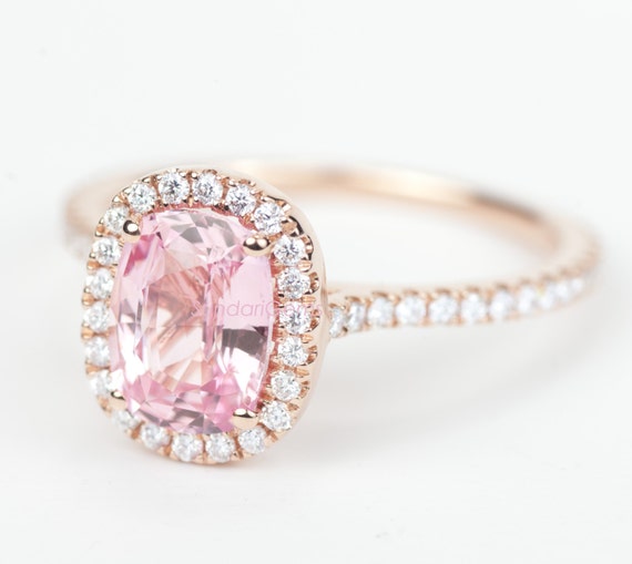 Certified Peach Pink Cushion Oval Sapphire & Diamond Halo