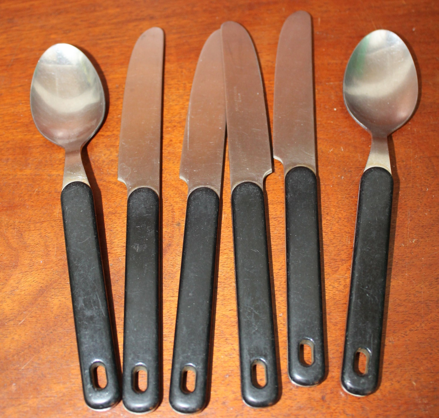 Black Handle Plastic Silverware Flatware Vintage Stainless