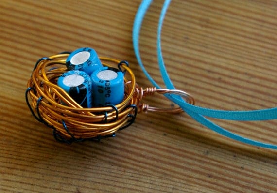 Sky Blue and Orange Wire Bird's Nest with Capacitor Eggs