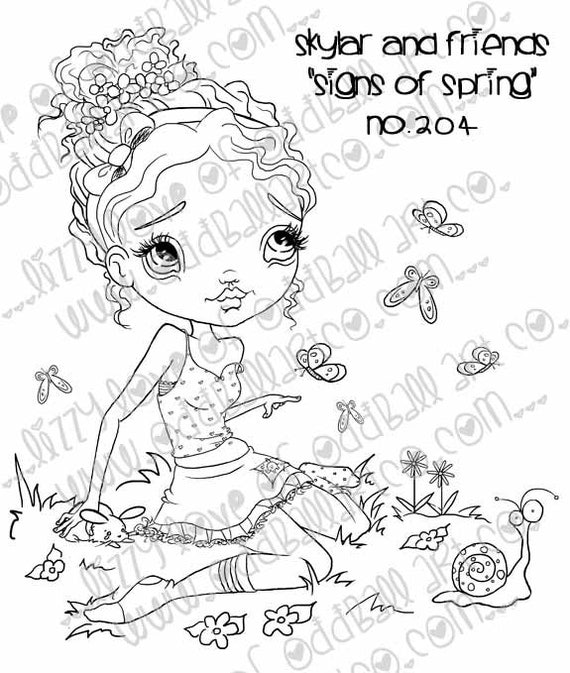 Digi Stamp Sentiments Included Digital Instant Download Big Eye Girl ~ Skylar & Friends in Signs of Spring Image No. 204/B by Lizzy Love