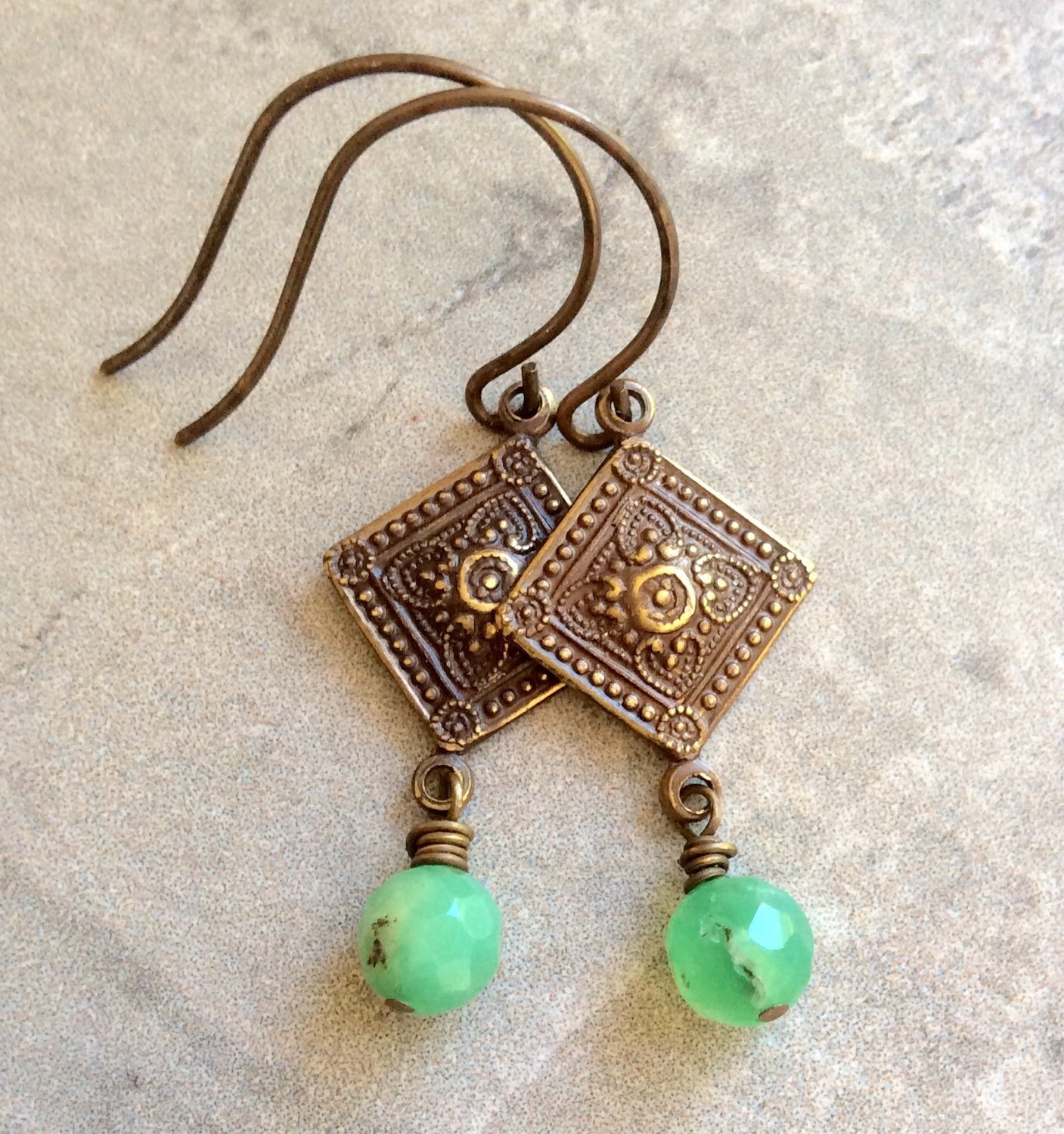 Brass Tile and Chrysoprase Earrings