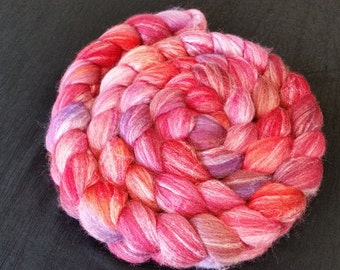 Hand Dyed Merino/Bamboo/Tussah Silk Top - 50/25/25 - 4 ounces - Red and Red Orange with Pink and Purple Highlights