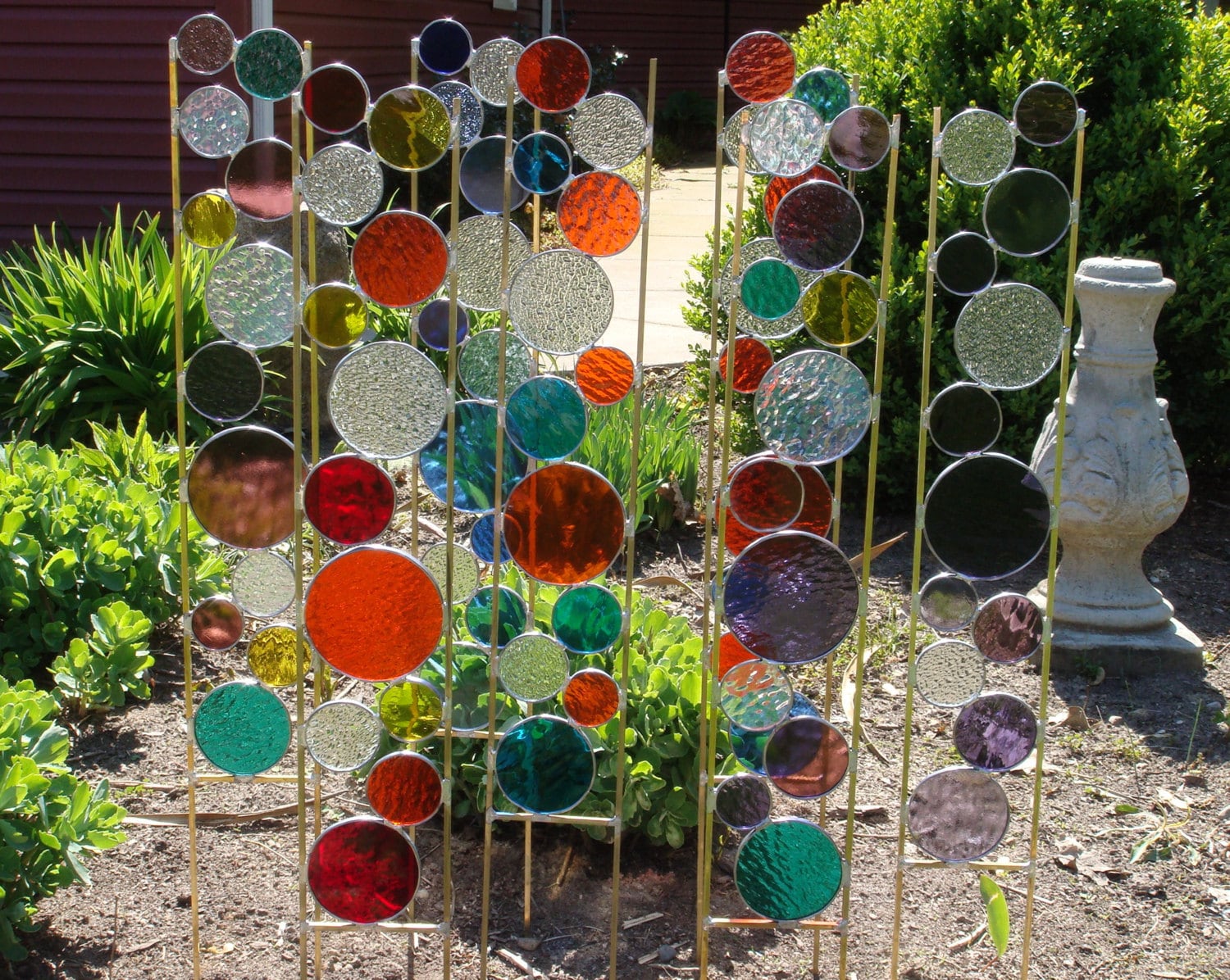 Stained glass garden art stake primary colors orange outdoor