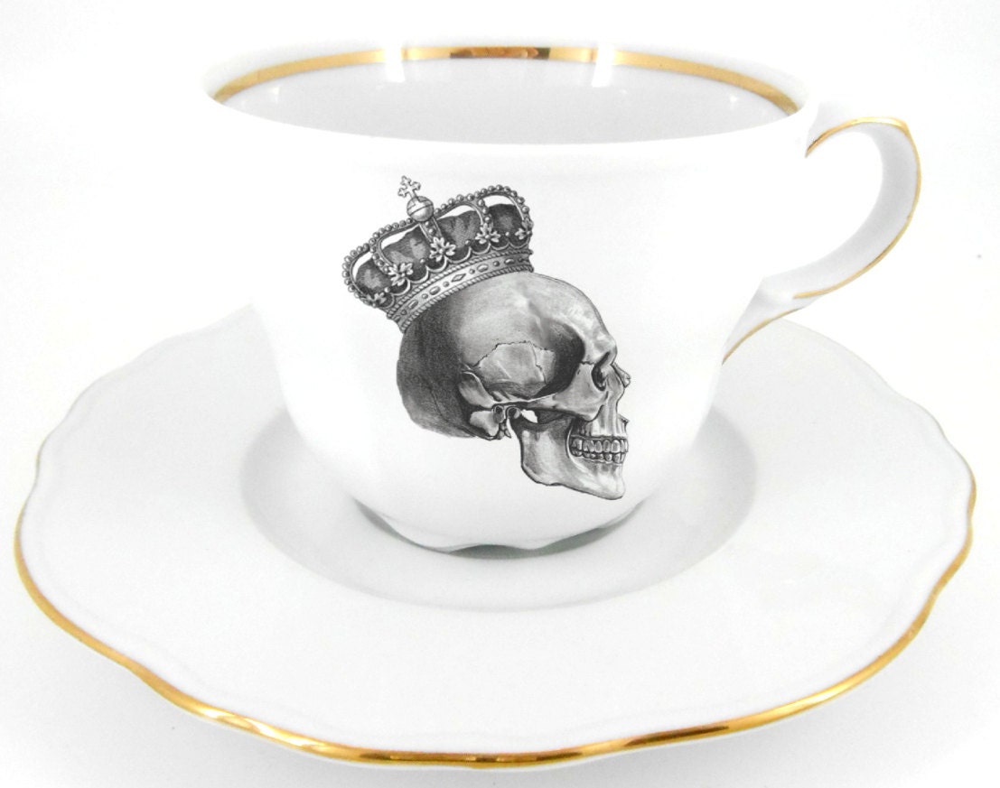 Gold Skull Tea Cup and Saucer Set Steampunk Teacup Goth Tea