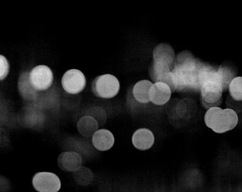 Abstract Light Photography, Bokeh City Lights, Black White Modern circles Print, Sparkles Night Lights, Gray Photograph, Prague at Night