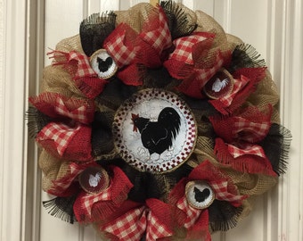 Red Chicken Deco Mesh and Burlap Wreath