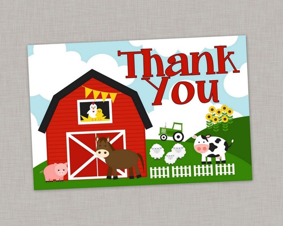 Farm Thank You Card, Barnyard Thank You Card, Farm Birthday, Farm Party ...