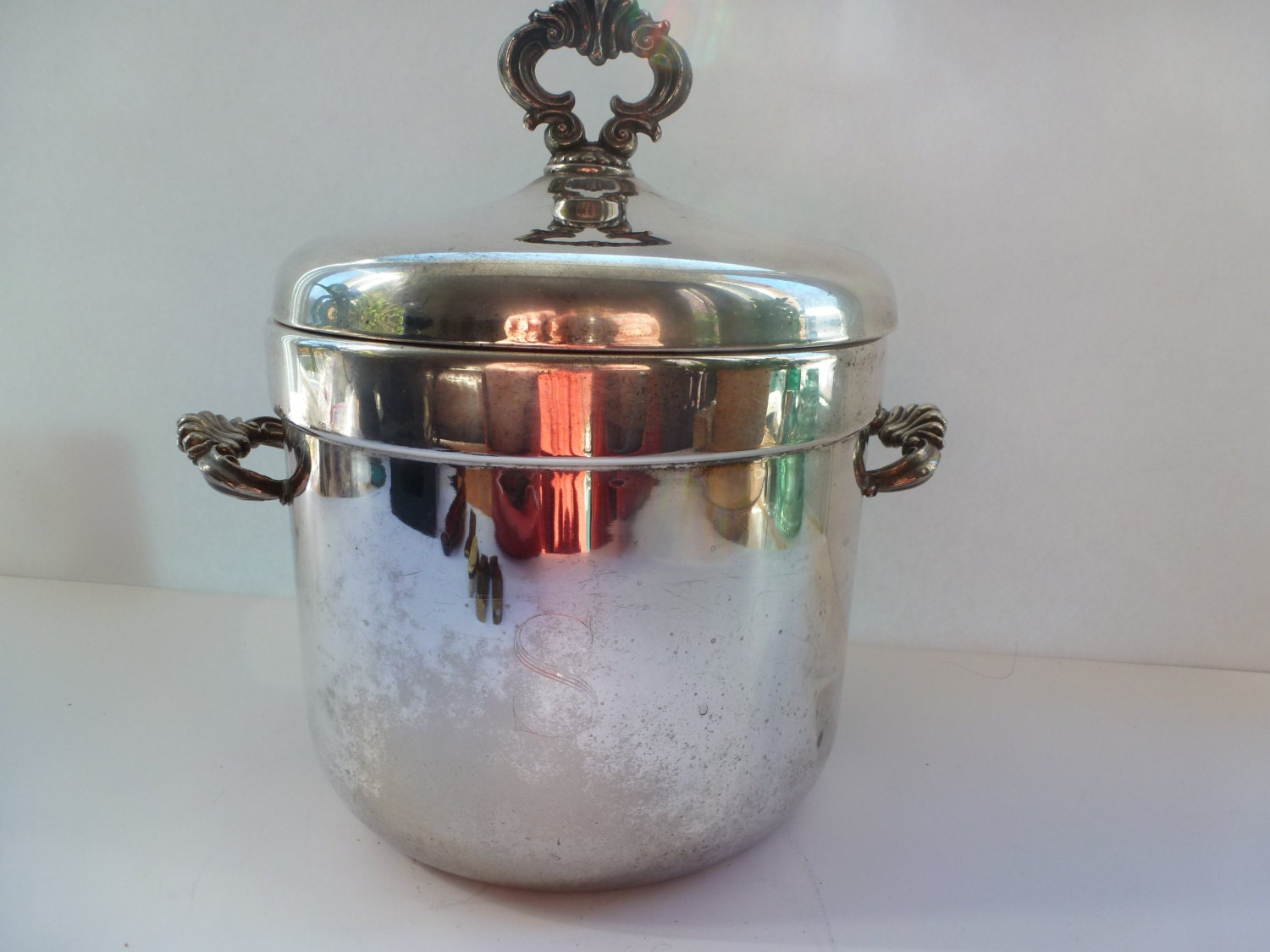 Antique Ice Bucket Silver Plated Ice Bucket with Milk Glass