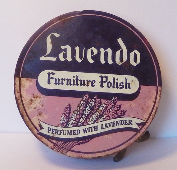 Vintage tin Lavendo furniture polish with a side opener and