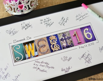 Sweet Sixteen Guest Signing print with Free Personalized Text, Alphabet Photography, Sweet16 party, party decor