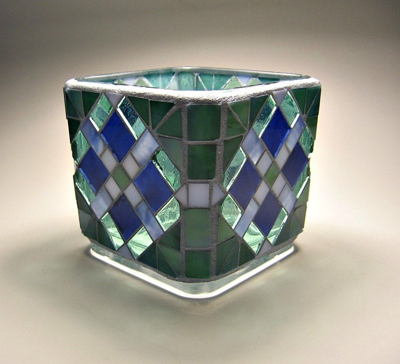 Stained glass mosaic votive candle holder by threesisterscandles